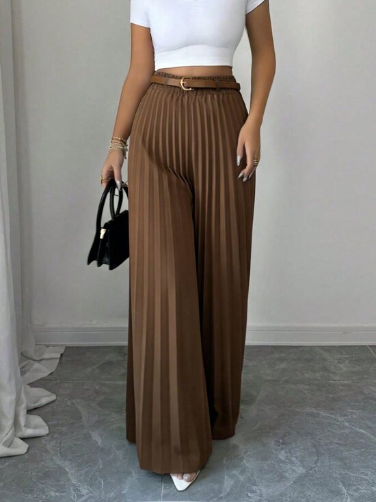 Pants - Brown Elegant Women's Elastic Waist Pleated Wide Leg Pants